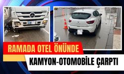 Ramada Otel Önünde Kamyon-Otomobile Çarptı