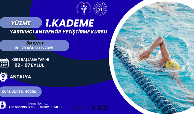 Antalya’da Yüzme 1. Kademe Yardımcı Antrenör Kursu Başlıyor