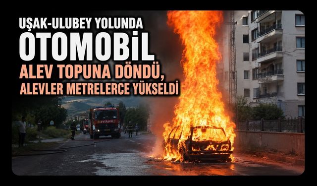 Uşak-Ulubey Yolunda Otomobil Alev Topuna Döndü, Alevler Metrelerce Yükseldi