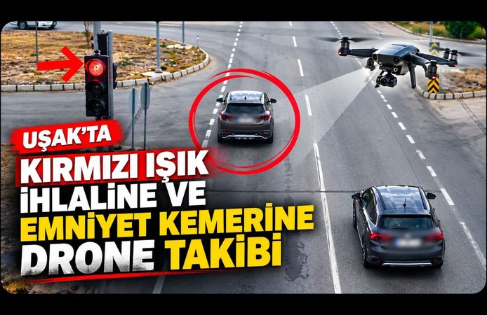 Uşak’ta Kırmızı Işık İhlaline ve Emniyet Kemerine Drone Takibi