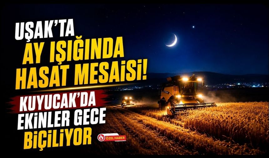 Uşak'ta Ay Işığında Hasat Mesaisi! Kuyucak’da Ekinler Gece Biçiliyor