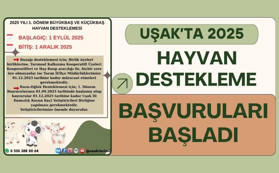 Uşak’ta 2025 Hayvan Destekleme Başvuruları Başladı