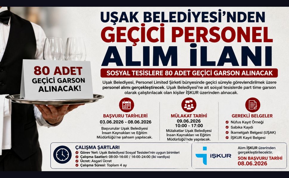 Uşak Belediyesi 80 Garson Alacak: Başvurular Başladı