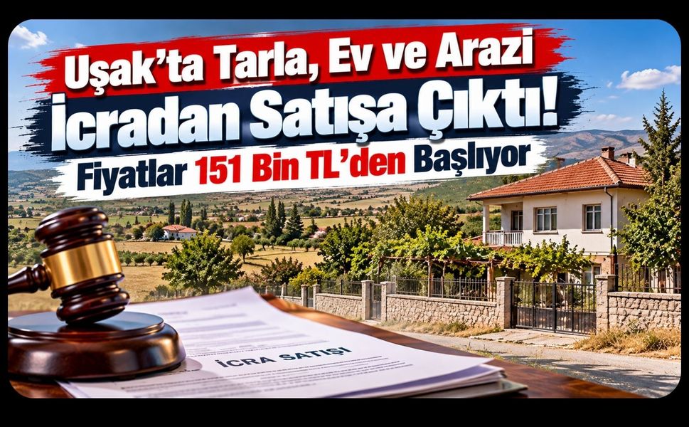 Uşak’ta Tarla, Ev ve Arazi İcradan Satışa Çıktı! Fiyatlar 151 Bin TL’den Başlıyor
