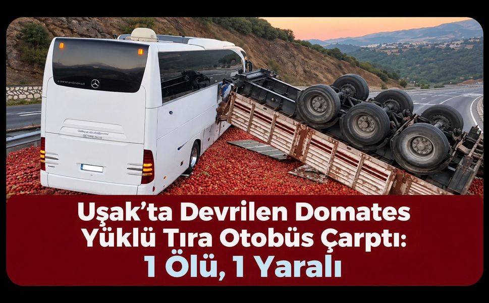 Uşak’ta Devrilen Domates Yüklü Tıra Otobüs Çarptı: 1 Ölü, 1 Yaralı