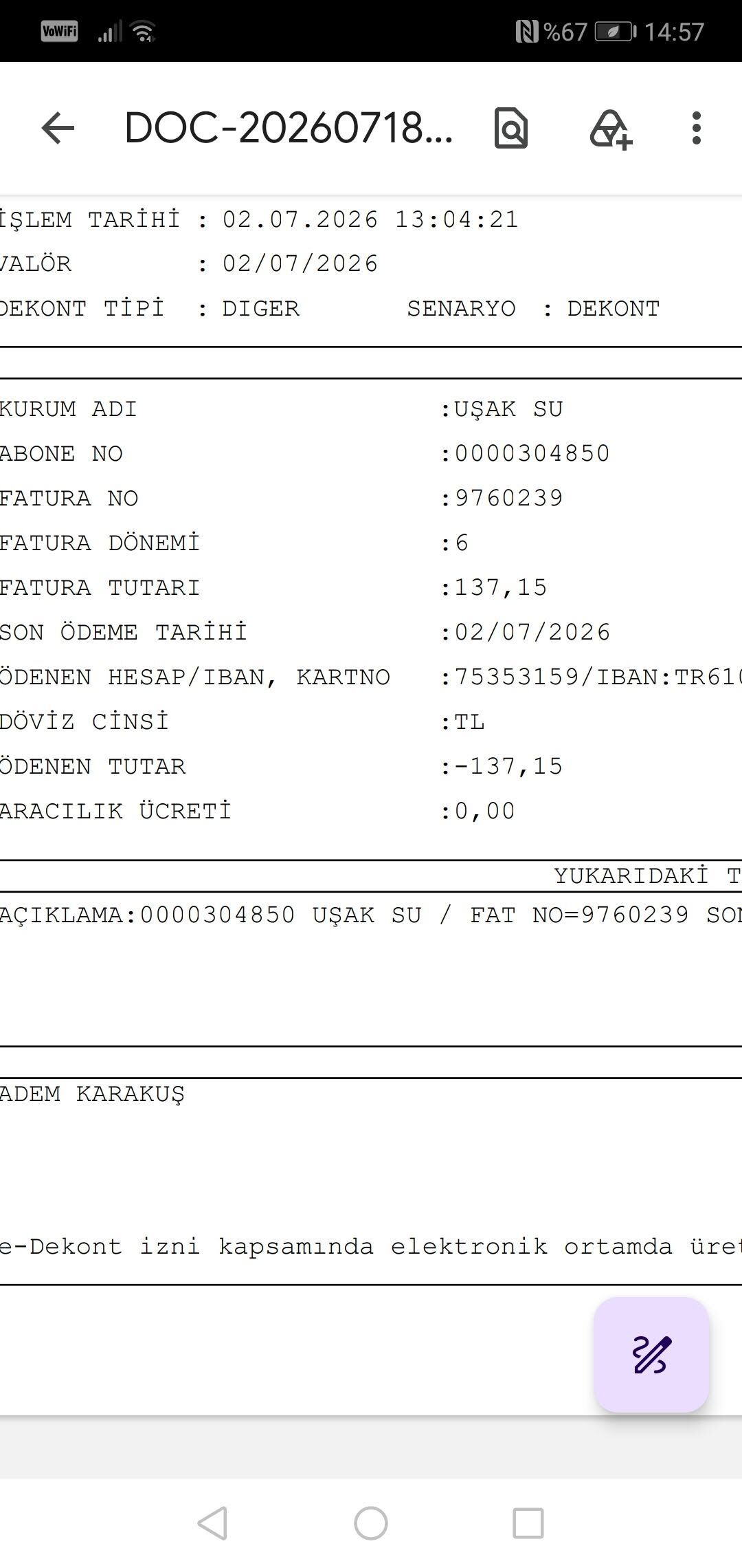 Su Faturası İddiasını Belgesiyle Paylaştı 1