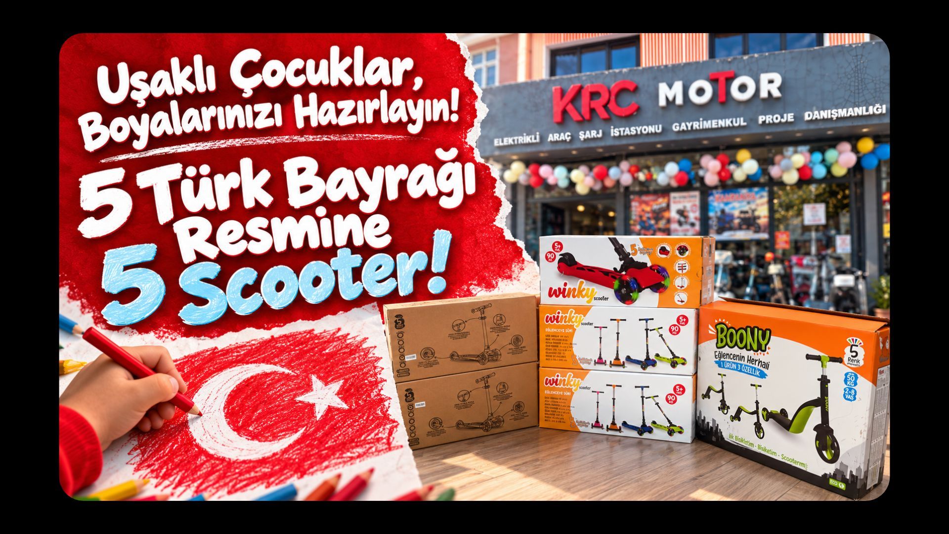 Uşaklı Çocuklar, Boyalarınızı Hazırlayın! 5 Türk Bayrağı Resmine 5 Scooter!